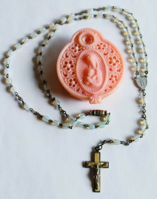 Vintage German Bakelite Rosary Box With Rosary - Lords Prayer - Opalite Glass Bead 2