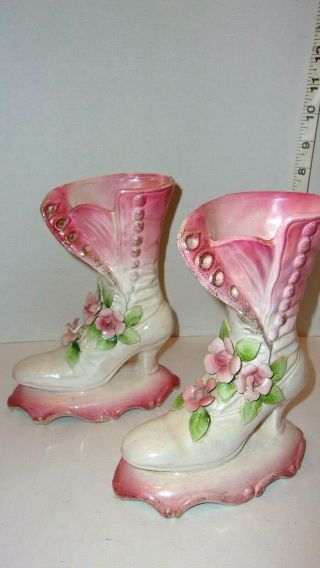 2 Vintage Pink White Floral Victorian Shoe Boot High Heel Porcelain Ceramic Vase