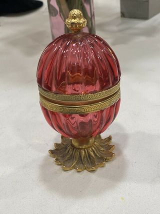 Vintage Cranberry Glass & Brass Egg Shape Jewelry Box