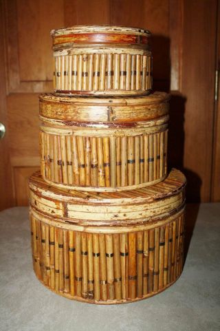 Vintage Bamboo Set Of 3 Nesting Boxes With Lids Large,  Medium & Small