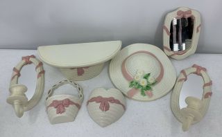 7 Pc Home Interiors Burwood Pink Ribbon White Plastic Wicker Mirror Hat Basket