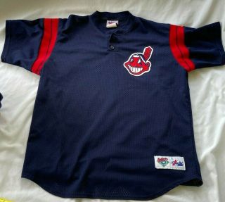Cleveland Indians Authentic Majestic Jersey Chief Wahoo Navy Blue Large