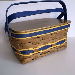 Longaberger Picnic Basket With Lid And Liner - Blue And Yellow - Made In Usa