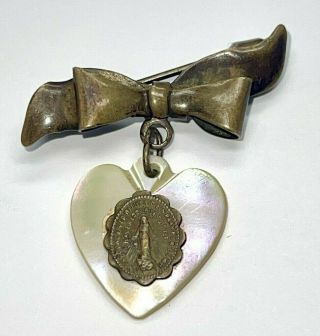 Lovely Vintage Brass Tone Bow & Mother Of Pearl Mary Conceived Without Sin Pin