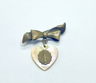 Lovely Vintage Brass Tone Bow & Mother of Pearl Mary Conceived Without Sin Pin 3