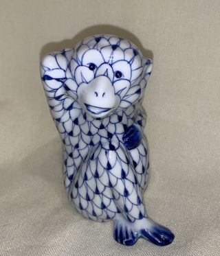 Vintage Andrea By Sadek Hand Painted Ceramic Monkey Blue Fishnet Design