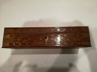 Antique Wooden Box With Brass Inlay With Key