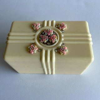 Art Deco Celluloid Jewelry Trinket Box 1920s Keepsake Dresser Vanity Ivory