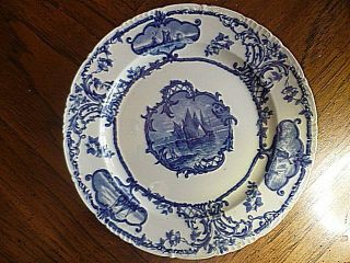 Brown Westhead Moore Cauldon England Delftland Blue & White Ship Dinner Plate