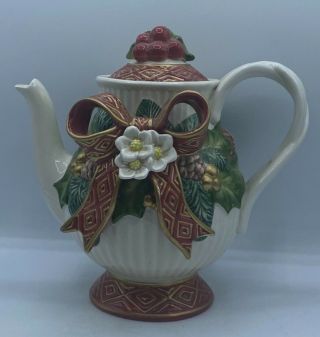 Vintage Fitz And Floyd Classic Christmas Holiday Ribbon 1995 Ceramic Teapot