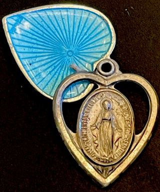 Vintage Catholic Sterling Silver Miraculous Mary Blue Enamel Swivel Locket Heart