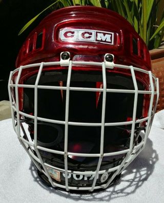 CCM Men ' s Dark Red Ice Hockey Protective Helmet w.  Cage,  Chin Guard Small SM - 15 3