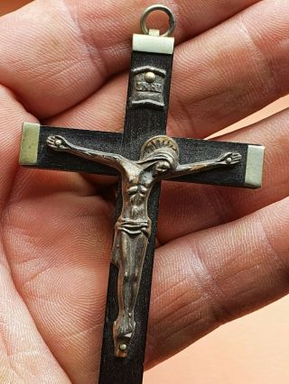 Antique - Vintage Black Wood Metal Priest Crucifix,  Jesus Loock At Right