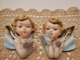 Vintage Napco Ceramic Angel Cherub Set Wall Decor w/ Flowers & Stickers 2