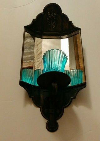 Vintage Home Interiors Metal Mirrored Wall Candle Sconce 17 " Blue Votive Cup