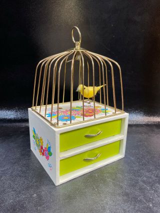 Vtg Bird Cage Music Box W/bird On Perch Two Drawer Jewelry Box Japan 80 Days 60s