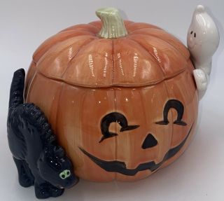 Ff Fitz & Floyd Halloween Candy Jar Black Cat Ghost Jack O 
