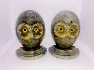 Vintage Owls Hand Carved Italy Solid Alabaster Marble Stone Heavy Bookends