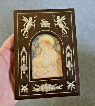 Antique Or Vintage Inlaid Wood Picture Photo Frame W/ Mother & Child Print