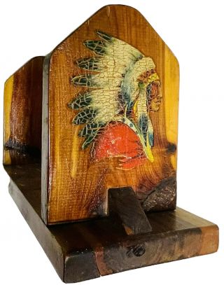 Vintage Book Ends Book Holder Native American Chief Cedar Wood Handmade