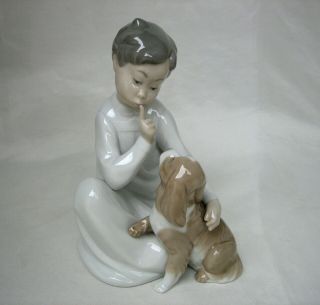 Lladro 4522 Shh Quiet Puppy Young Boy With Cocker Spaniel Dog Figurine