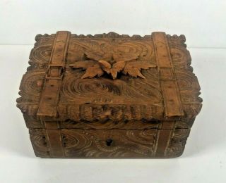 Antique Hand Carved Wood Trinket Jewelry Box Ornate Signed