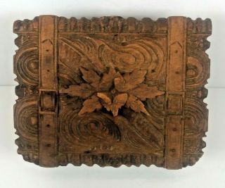 Antique Hand Carved Wood Trinket Jewelry Box Ornate Signed 2