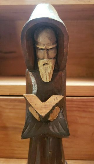 Carved Wood Painted Hooded Priest Friar Monk Reading Bible Statue