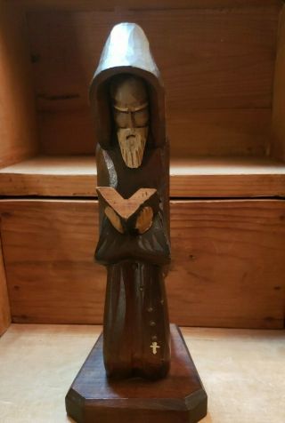 Carved Wood Painted Hooded Priest Friar Monk Reading Bible Statue 2
