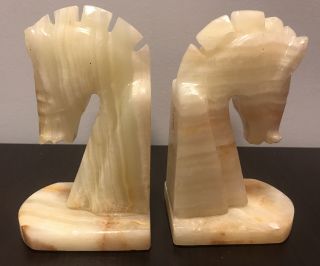 Carved Alabaster Marble Stone Horse Head Bookends Vintage Mid Century Mcm