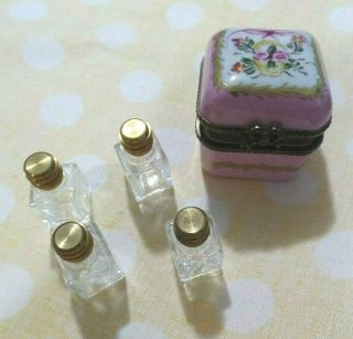 Limoges France Peint Main Chest W/ 4 Perfume Bottles Pink Flowers Trinket Box