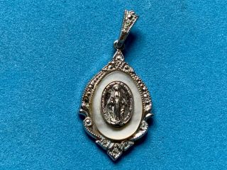 Ann Gale Mop Marcasite Sterling Silver Blessed Virgin Mary Medal Pendant Christ.