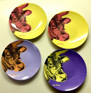 Set Of 4 Andy Warhol Small Melamine Neon Cow Plates - Purple/yellow/orange