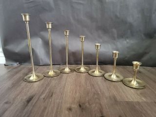 Vintage Set Of 7 Solid Brass Thin Graduated Candlestick Candle Holders