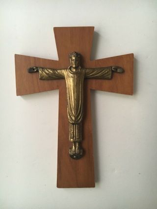 Vtg Germany Modernist Mid Century Modern Crucifix Cross Jesus Christ Wood Brass