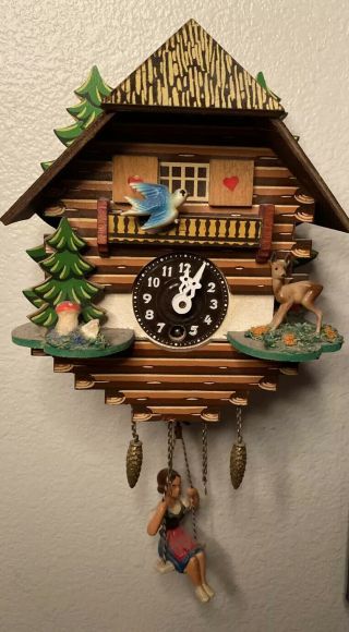 Mini Vtg Schwarzwalduhr Black Forest Clock Swinging Girl Miniature Cuckoo