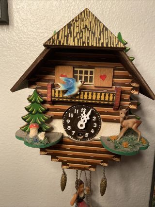 Mini Vtg Schwarzwalduhr Black Forest Clock Swinging Girl Miniature Cuckoo 2