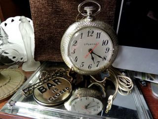 Vintage Spartus Pocket Watch Wall Bar Clock W/open/closed Fob Runs Backwards