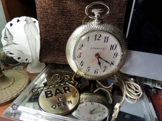 Vintage Spartus Pocket Watch Wall Bar Clock w/open/closed Fob runs backwards 2