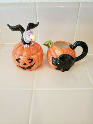 Fitz And Floyd Vulture Sugar Dish Black Kitty Cat Creamer Halloween Pumpkin 1988