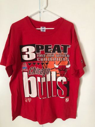 Vtg 90s Chicago Bulls 3 - Peat 1993 Nba World Champions Champs T Shirt Red Large L