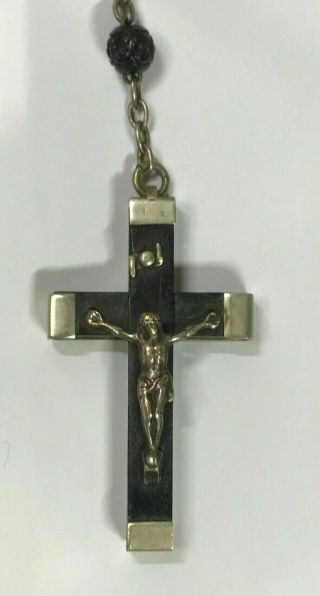 Vintage France Silver & Ebony Wood Rosary Prayer Beads Crucifix