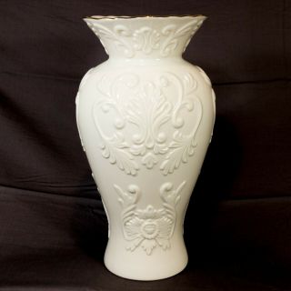 Lenox Georgian Vase 16 " Embossed Floral Ivory W/ Gold Trim Large Porcelain China