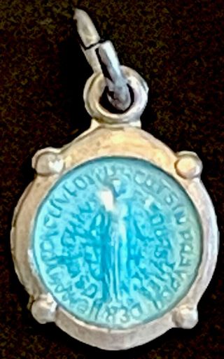 Vintage Catholic Sterling Silver Miraculous Mary Blue Enamel Petite Medal