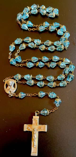 Vintage Catholic Capped Aqua Blue Teardrop Crystal 5 Decade Rosary France