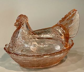 Fenton Glass Pink Hen On A Nest Basket Chicken Covered Candy Dish