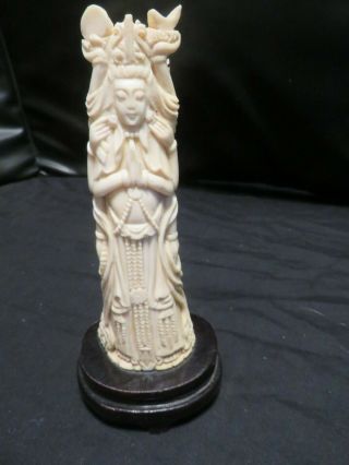 Vintage Hand Carved Bovine Bone Asian Statue On Wooden Stand,  7 " Tall