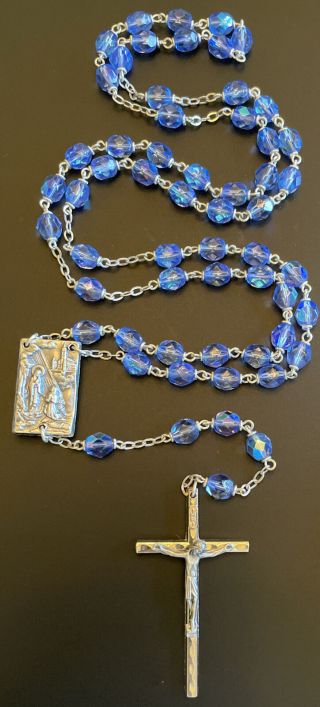 Vintage Catholic Iridescent Blue Crystal 5 Decade Rosary,  Lourdes Ctr,  Crucifix