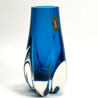 Vtg Whitefriar Vase British Blue Clear Cased Glass Lobed 9727 Geoffrey Baxter