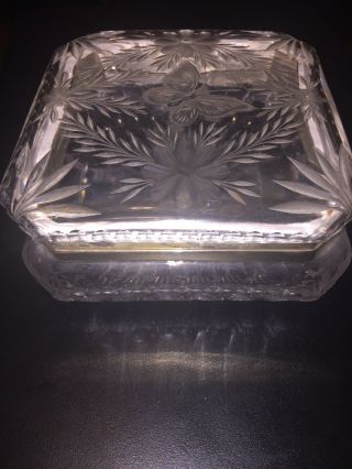Vintage Jewelry Hinged Etched And Cut Crystal Glass Gold Trim Dresser Box